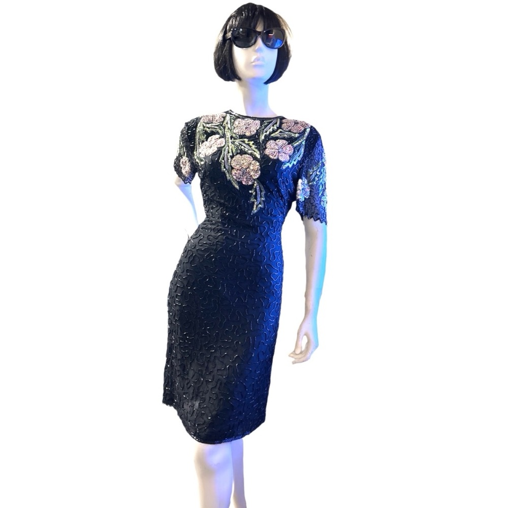 Laurence Kazar Silk Black Embellished Sequin Dress ✅